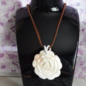 Vintage Flower Statement  Necklace SeaShell or Acrylic on Leather Suede Chain